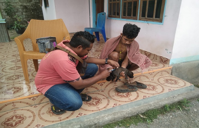 Petugas Keswan sedang memvaksin salah seokor anjing di RT 018/RW 004, Kelurahan Kota Baru, Kecamatan Alok Timur, Jumat (26/7/2024). Foto Wall Abulat