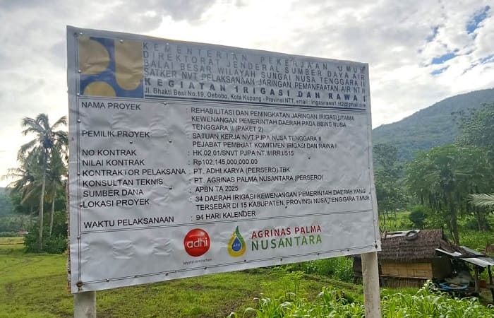 Papan Informasi proyek Irigasi di Kecamatan Sambi Rampas, Kabupaten Manggarai Timur. Gambar diabadikan, Selasa (3/2/2026).